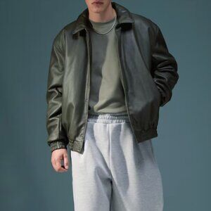 ASOS DESIGN oversized faux leather wadded harrington jacket in khaki (XS)